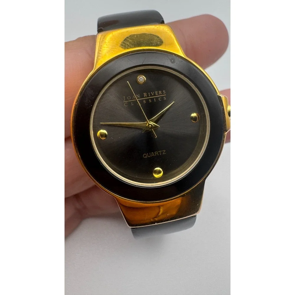Vintage Joan Rivers Watch Bangle Classics Black Lucite Cuff Gold Tone READ